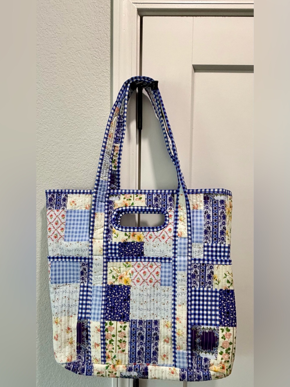 Avery Blue Yellow Patchwork Quilted Travel Shoulder Tote Lined Pockets Bag